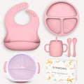 Silicone Baby Feeding Set - Baby gift set，Contains silicone bibs for babies，suction plates for baby，baby spoons，baby bowls，baby cup ， baby forks for self feeding baby led weaning(Pink)