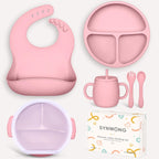 Silicone Baby Feeding Set - Baby gift set，Contains silicone bibs for babies，suction plates for baby，baby spoons，baby bowls，baby cup ， baby forks for self feeding baby led weaning(Pink)