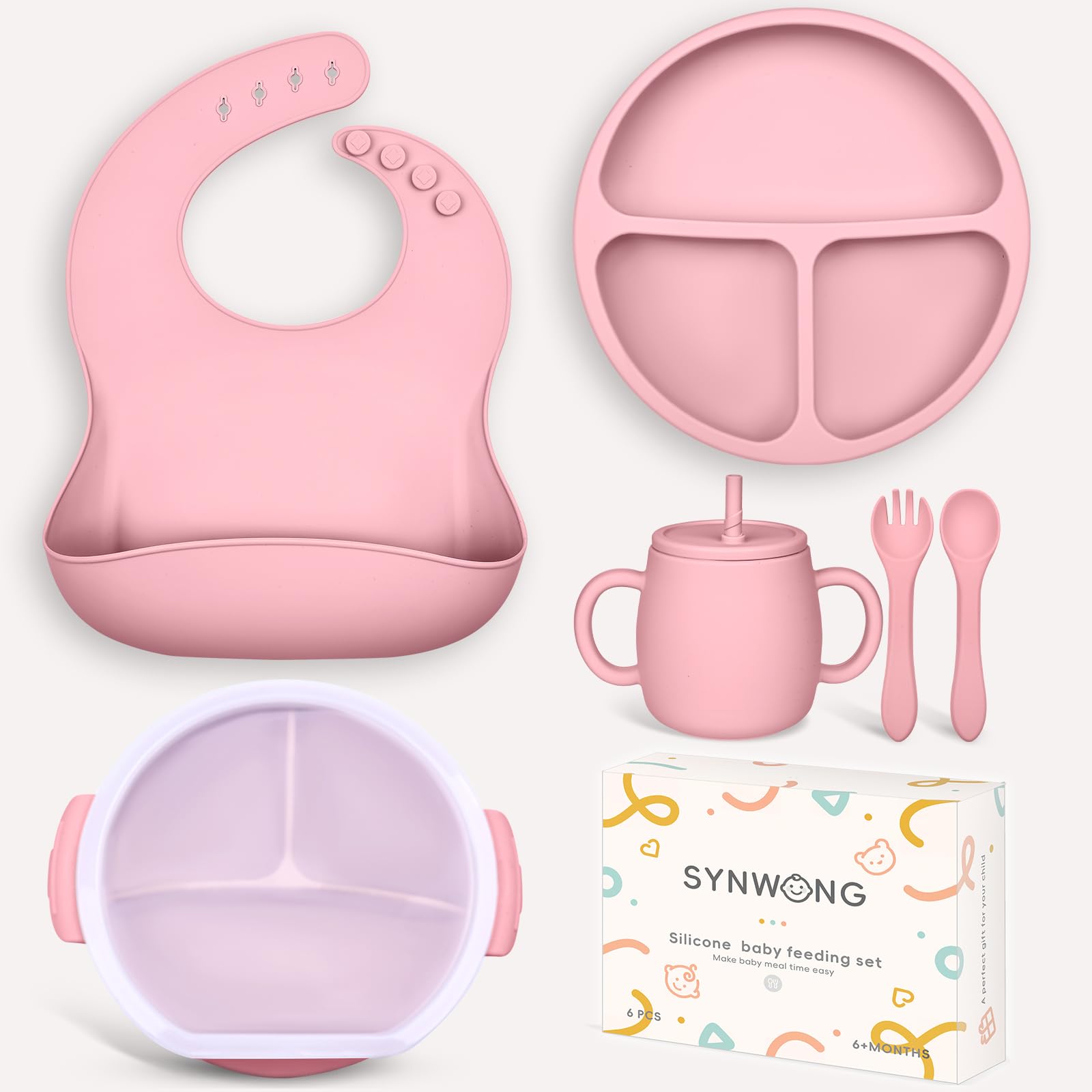 Silicone Baby Feeding Set - Baby gift set，Contains silicone bibs for babies，suction plates for baby，baby spoons，baby bowls，baby cup ， baby forks for self feeding baby led weaning(Pink)